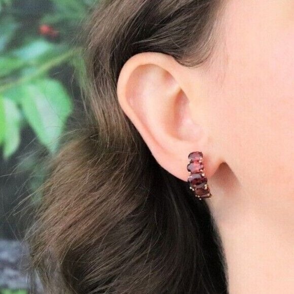 10k Yellow Gold Natural Garnet Earrings Half Hoop Earrings - Picture 2 of 7